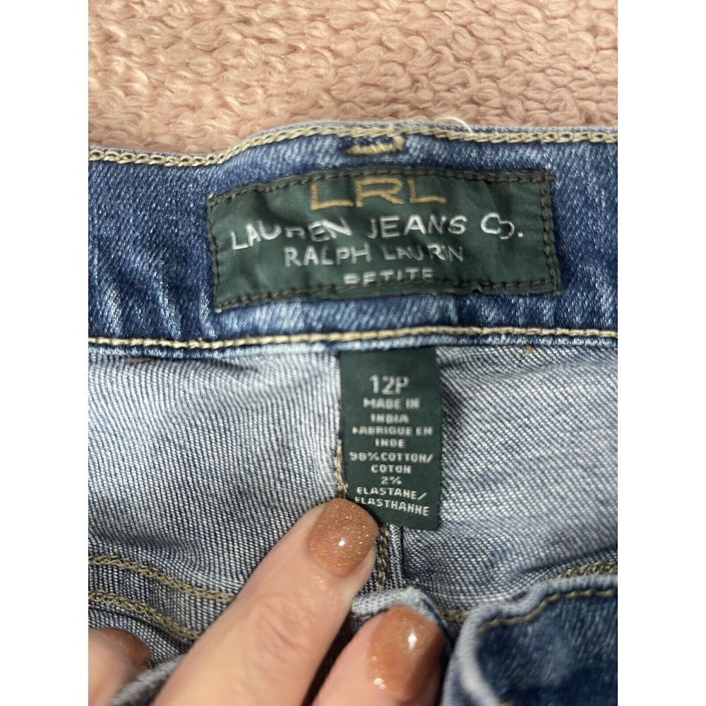 LRL Ralph Lauren Jeans Womens 12 Petite Blue Classic Straight Stretch Distressed - Picture 2 of 6